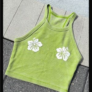 American Eagle Outfitters Lime Green Ribbed Crop Top with White Floral Design